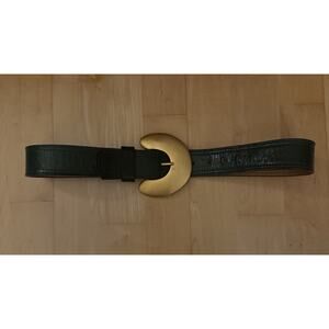 VTG Jenny and the Boys Gold Brass Buckle Green Leather Belt Western Art Deco M